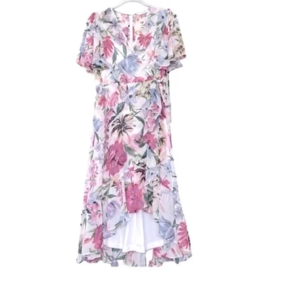 NEW Calvin Klein Flounce Sleeve Dress Ruffle Hem Floral White Lilac Pink Size 4 - Picture 13 of 13